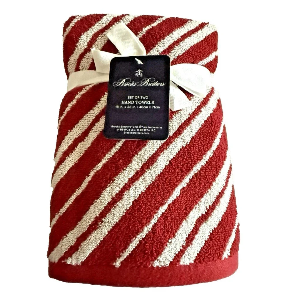 Brooks Brothers Luxury Christmas Hand Towels Red White Set of 2 Candy Stripe